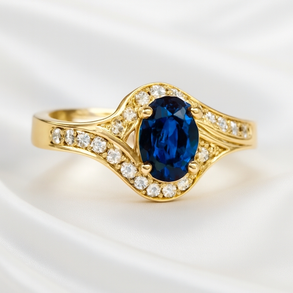 Elegant Gold Blue Stone Ring – Sparkling Crystal Accents, Chic Statement Jewelry